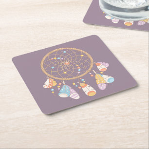 Tribal Boho Dreamcatcher on Purple Square Paper Coaster