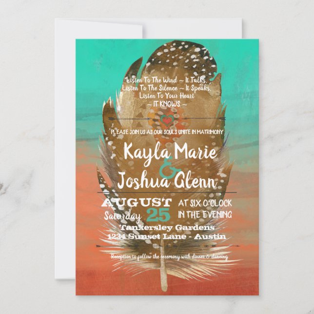 Tribal Boho Feather Teal Orange Wedding Invitation (Front)