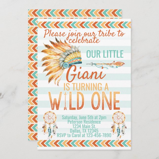Tribal Boho Headdress Birthday Party Invitation (Front/Back)