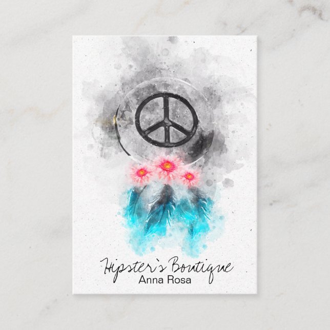 *~* Tribal Boho Peace Sign Flowers Feathers Grunge Business Card (Front)