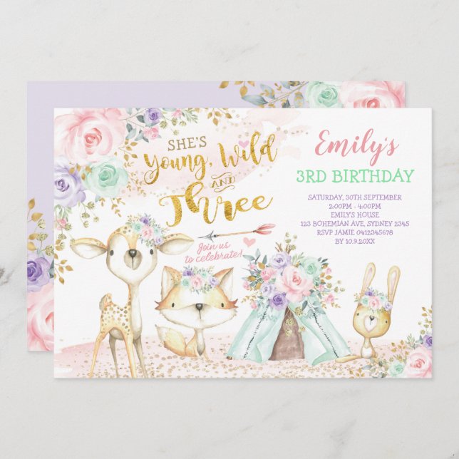 Tribal Boho Woodland Animals Teepee 3rd Birthday Invitation (Front/Back)