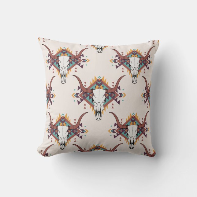Tribal Bull Skull: Boho Seamless Cushion (Front)