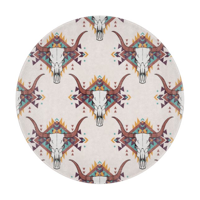 Tribal Bull Skull: Boho Seamless Cutting Board (Front)