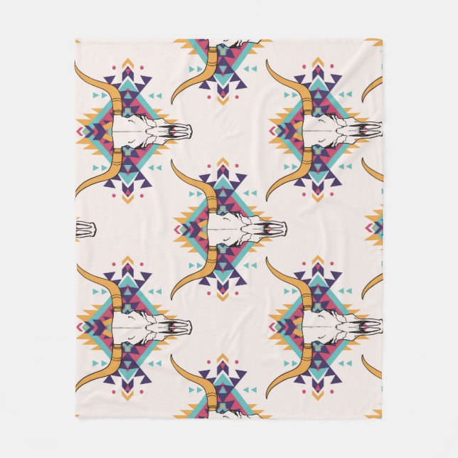 Tribal Bull Skull: Boho Seamless Fleece Blanket (Front)