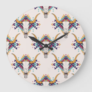 Tribal Bull Skull: Boho Seamless Large Clock