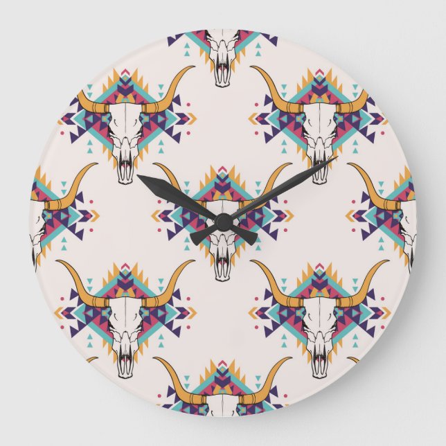 Tribal Bull Skull: Boho Seamless Large Clock (Front)
