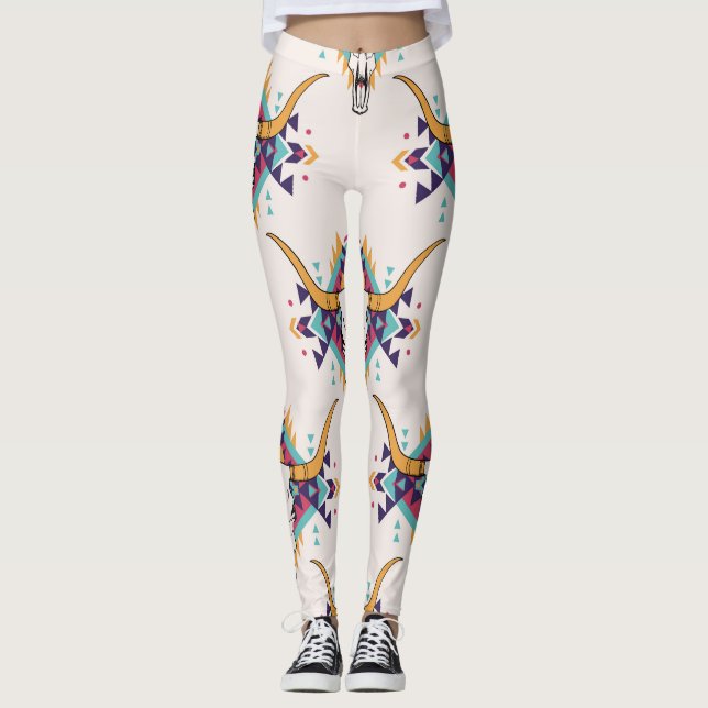 Tribal Bull Skull: Boho Seamless Leggings (Front)