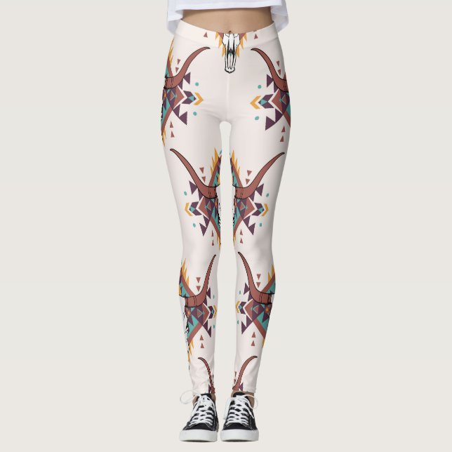 Tribal Bull Skull: Boho Seamless Leggings (Front)