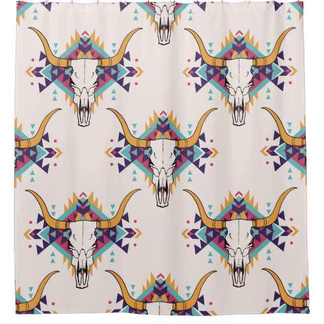 Tribal Bull Skull: Boho Seamless Shower Curtain (Front)