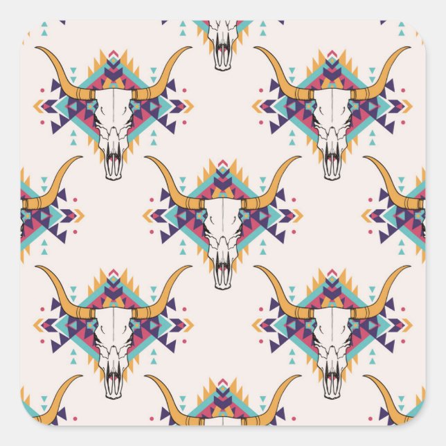 Tribal Bull Skull: Boho Seamless Square Sticker (Front)