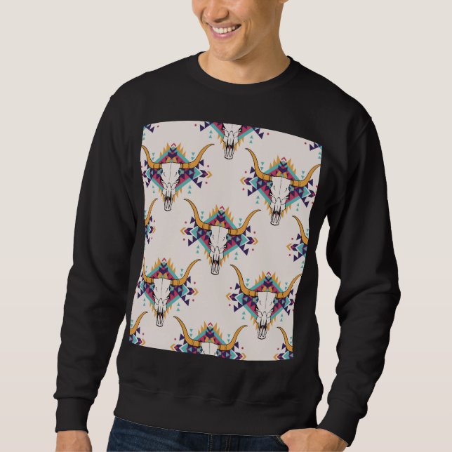Tribal Bull Skull: Boho Seamless Sweatshirt (Front)