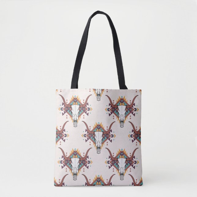 Tribal Bull Skull: Boho Seamless Tote Bag (Front)