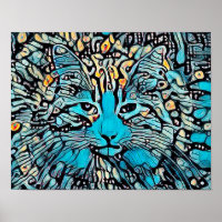 Tribal Cat Blue Yellow Mosaic Abstract Art Design