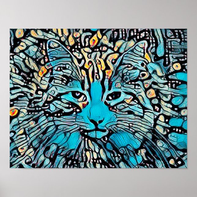 Tribal Cat Blue Yellow Mosaic Abstract Art Design Poster (Front)