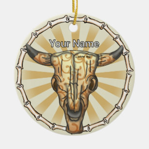 Tribal Cow Skull Ceramic Tree Decoration