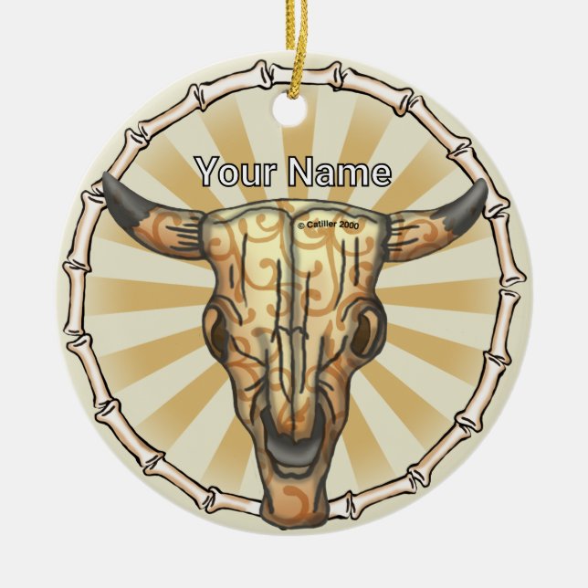 Tribal Cow Skull Ceramic Tree Decoration (Front)