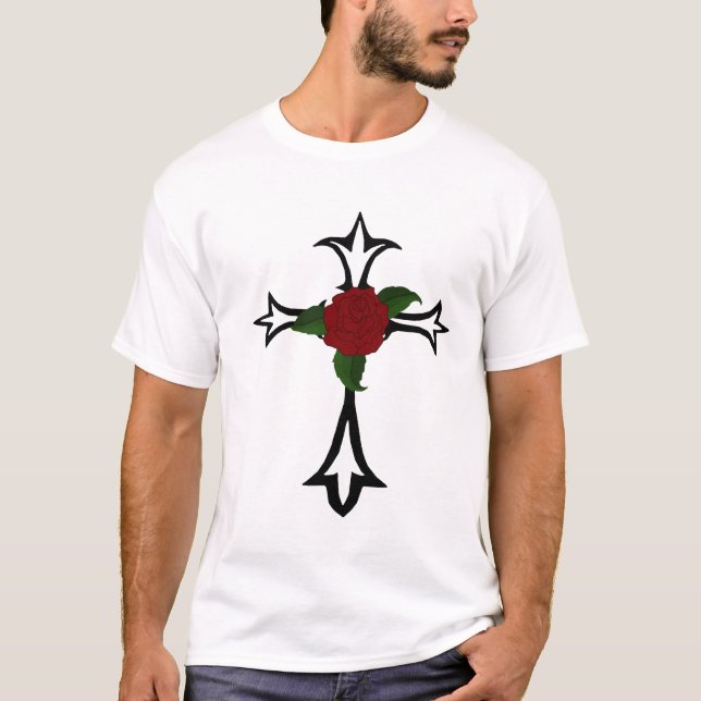 Tribal Cross With A Red Rose T-Shirt (Front)