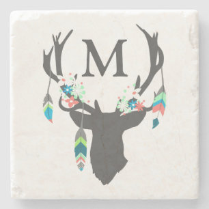 Tribal Deer Head Monogrammed Stone Coaster