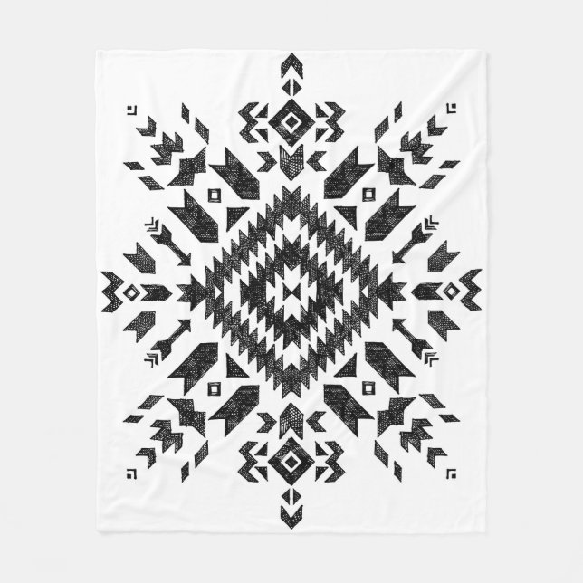 Tribal Design: Black White Hand-Drawn Fleece Blanket (Front)