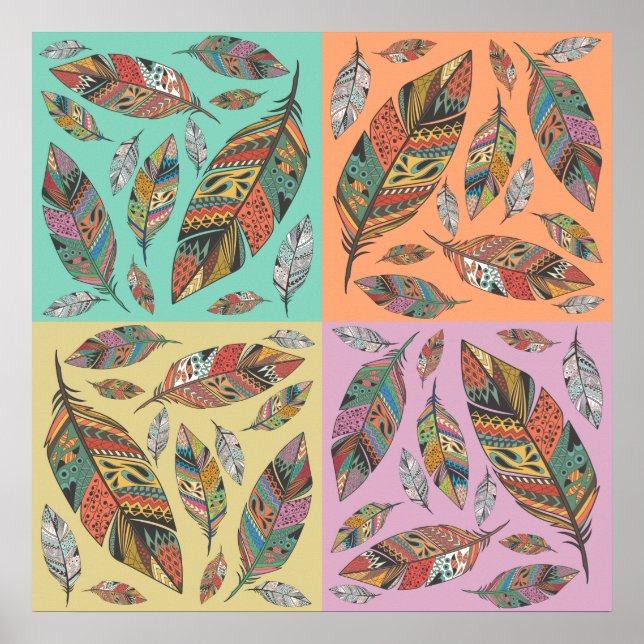 Tribal Design Feathers on Four Colour Squares Poster (Front)