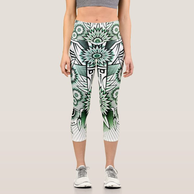 Tribal Design Green Tint Capri Leggings (Front)