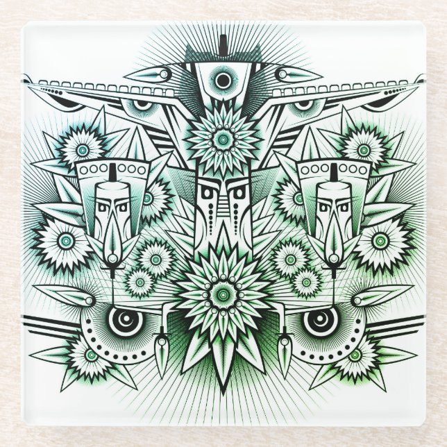 Tribal Design Green Tint Glass Coaster (Front)