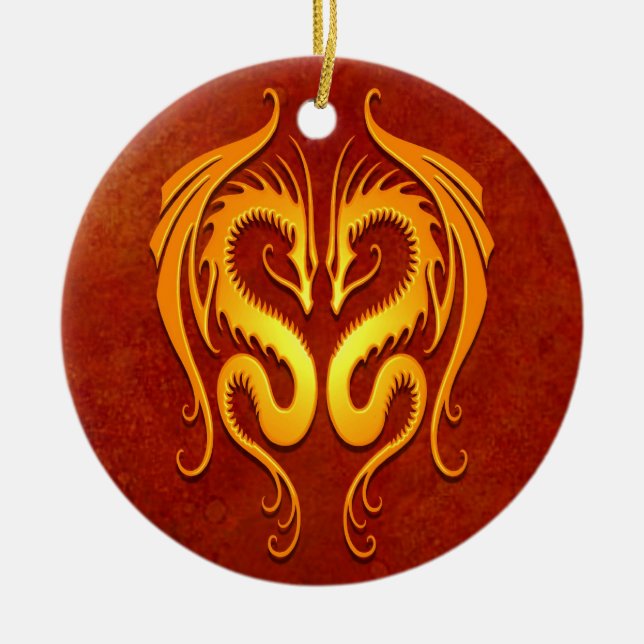 Tribal Dragons, red and yellow Ceramic Tree Decoration (Front)