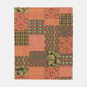 Tribal Egyptian Faux Patchwork Rusty Red Fleece Blanket