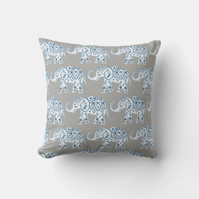 Tribal Elephant blue mandala on grey Cushion (Front)