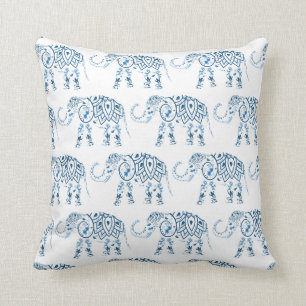 Tribal Elephant Blue Mandala on White Cushion