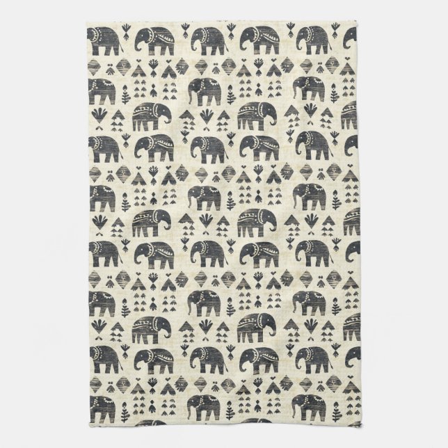Tribal Elephant Boho Pattern (1) Tea Towel (Vertical)