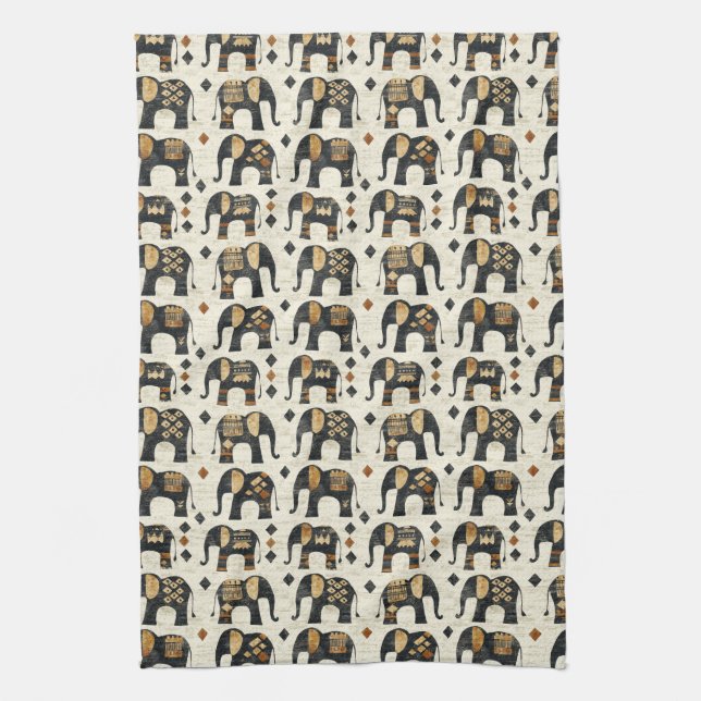 Tribal Elephant Boho Pattern (2) Tea Towel (Vertical)
