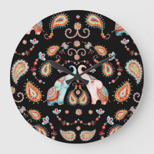 Tribal Elephant: Watercolor Paisley Pattern. Large Clock