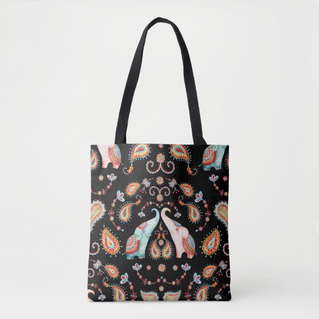 Tribal Elephant: Watercolor Paisley Pattern. Tote Bag (Front)