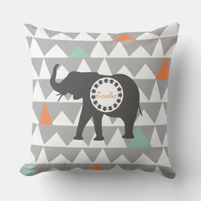 Tribal Elephants Aztec Andes Pattern Monogram Cushion (Front)