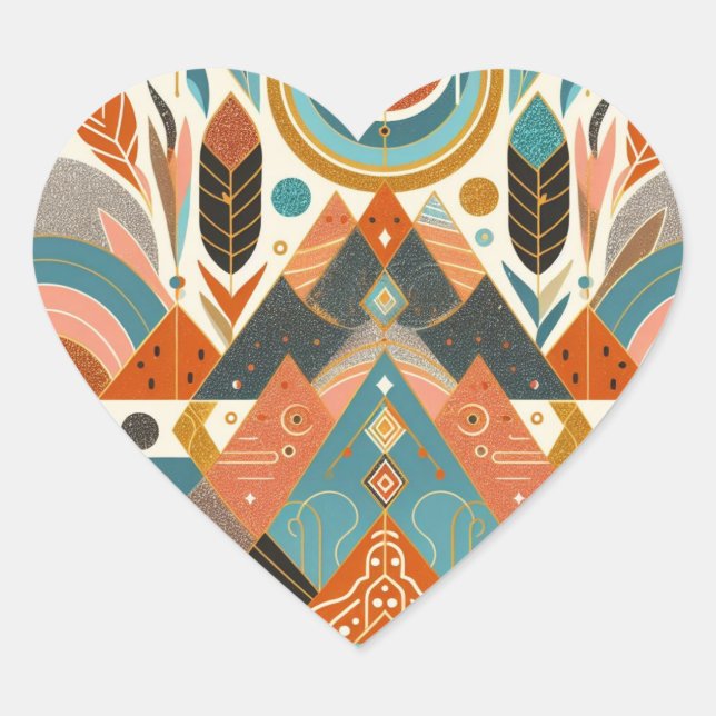 Tribal Ethnic African Pattern Earth Multicolors  Heart Sticker (Front)