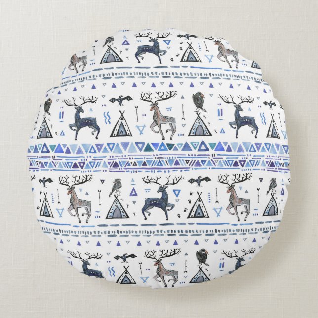 Tribal ethnic, animals dream catcher, seamless. round cushion (Front)