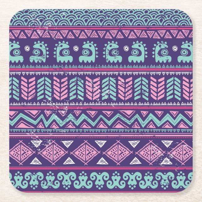 Tribal Ethnic: Colourful Seamless Pattern. Square Paper Coaster (Front)