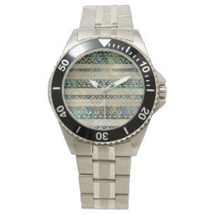 Tribal Ethnic Pattern Gold on Abalone Shell Pearl Watch