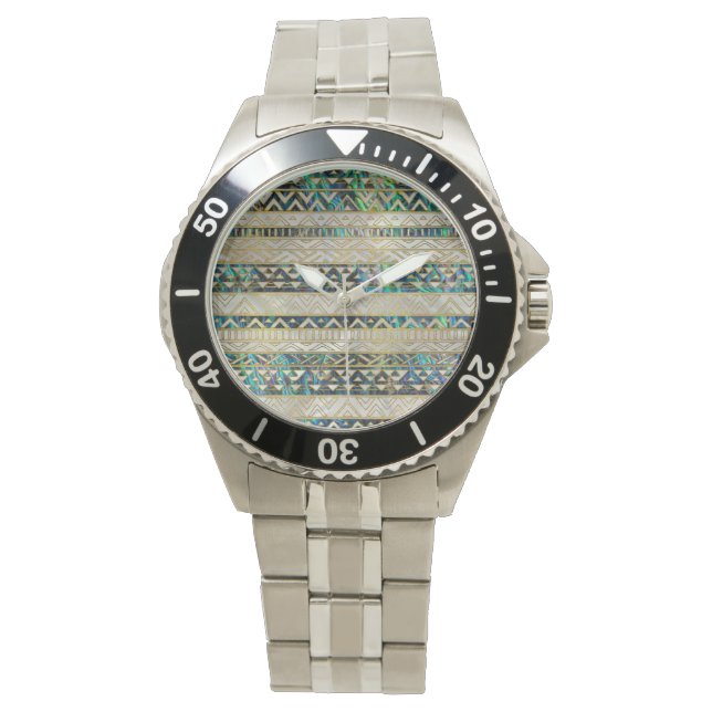 Tribal Ethnic  Pattern Gold on Abalone Shell Pearl Watch (Front)