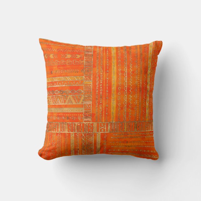 Tribal Ethnic pattern gold on bright orange Cushion (Front)
