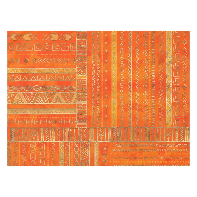 Tribal Ethnic pattern gold on bright orange Tablecloth (Front (Horizontal))