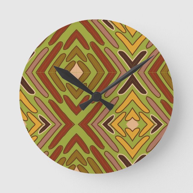 Tribal Ethnic Red Green Gold Pattern Round Clock (Front)