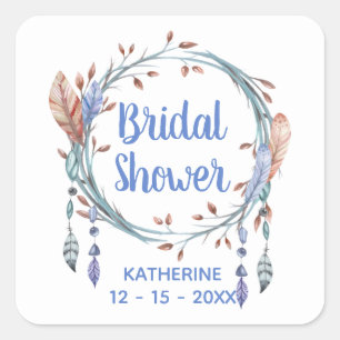 Tribal Feathers Blue Boho Bridal Shower Square Sticker