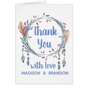 Tribal Feathers Blue Boho Wedding Thank You
