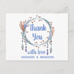 Tribal Feathers Blue Boho Wedding Thank You Postcard