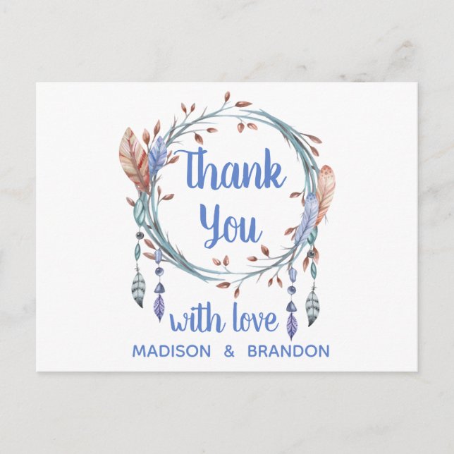 Tribal Feathers Blue Boho Wedding Thank You Postcard (Front)