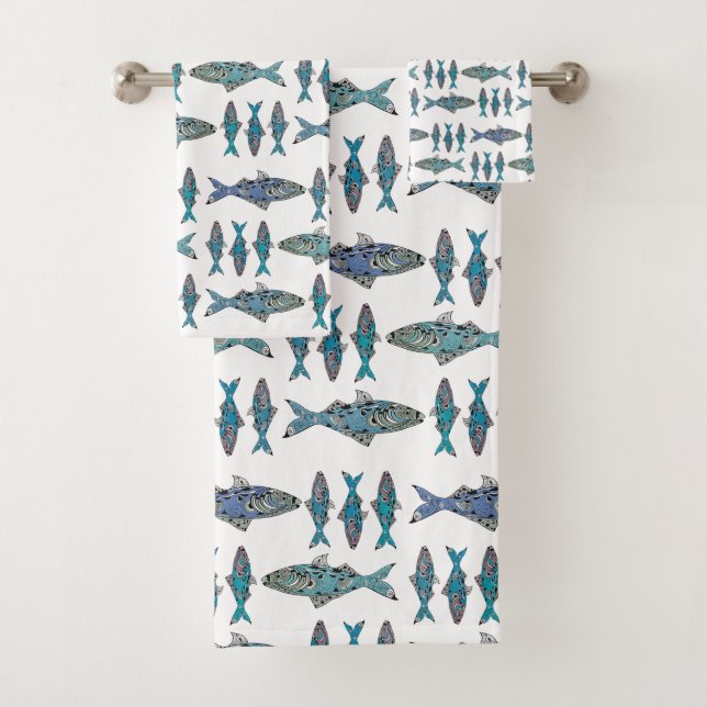Tribal fish blue green modern graphic design bath towel set (Insitu)