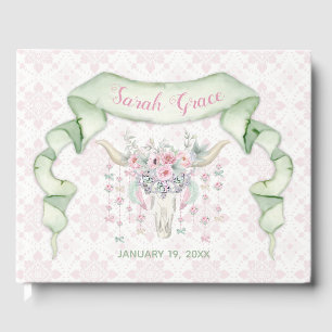 Tribal Floral Bull Horns Arrows Pink Mint Feminine Guest Book