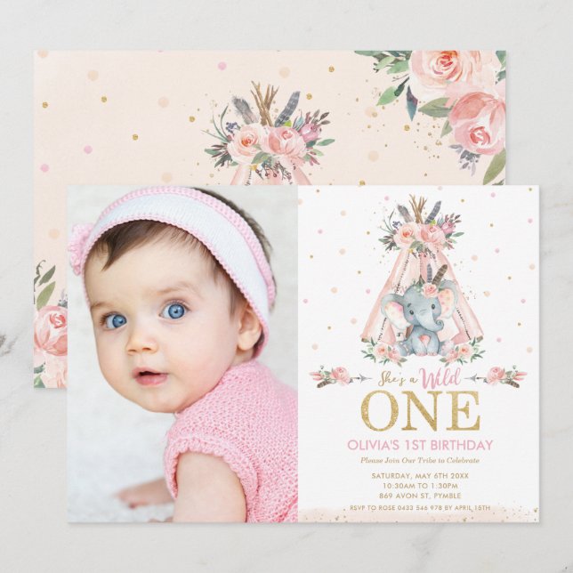 Tribal Floral Elephant Wild One 1st Birthday Photo Invitation (Front/Back)